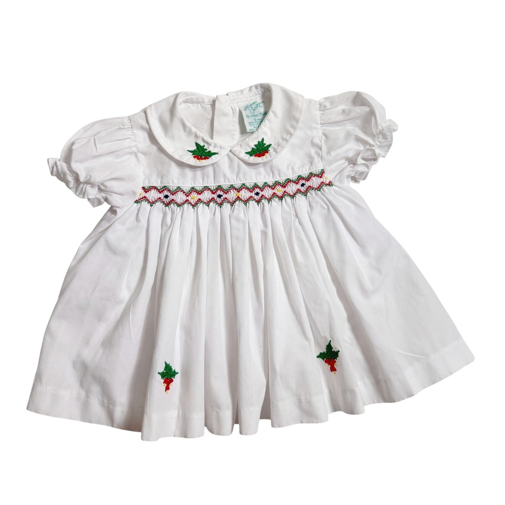 Vintage Alison Scott Dress 6 Months White Christmas Holly Smocked Puffed Sleeve